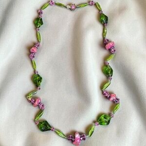 Vintage Art Glass Botanical Necklace Green Pink Floral Box Clasp 32" Statement